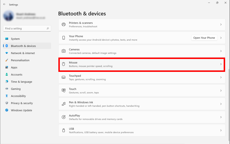 Click Bluetooth & Devices in the left-hand column the Mouse in the right-hand column
